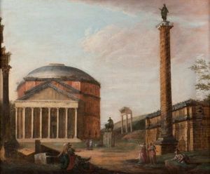Vue De Ruines Romaines Avec La Colonne Trajane by Giovanni Paolo Panini