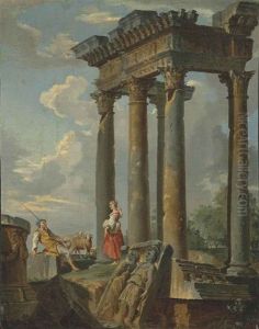 A Capriccio Of Classical Ruins With A Shepherd And A Shepherdess by Giovanni Paolo Panini