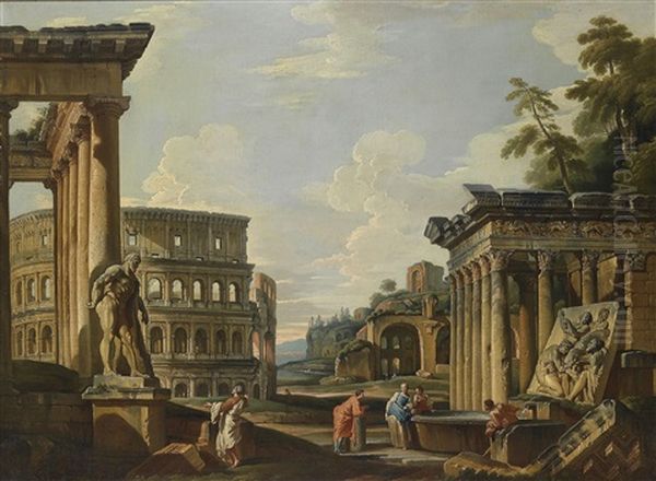 Capriccio Mit Romischen Ruinen, Dem Tempel Von Antonius Und Faustina, Dem Kolosseum, Der Maxentiusbasilica Und Dem Herkules Farnese (+ Another, Similar; Pair) - view 1