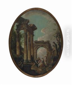 A Capriccio Of Classical Ruins With Shepherds And Travellers Resting By An Arch by Giovanni Paolo Panini