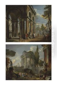 Capriccio Of A Classical Loggia And Capriccio Of Palaces With Giochi D'acqua (pair) by Giovanni Paolo Panini
