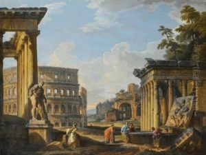 Capriccio Of Classical Ruins With The Temple Of Antonius And Faustina, The Colosseum, The Basilica Of Maxentius And The Temple Of Venus And Rome by Giovanni Paolo Panini