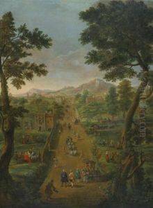 An Extensive Landscape With Carriages And Elegant Figures On A Road, Including The Artist Himself, Gardens And Fields On Either Side