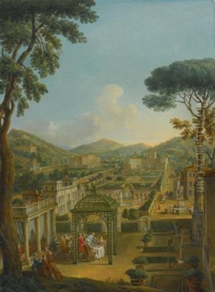 An Extensive Landscape With Villas And Figures, Including The Artist Himself, Dining Beneath A Pergola In The Foreground - view 1