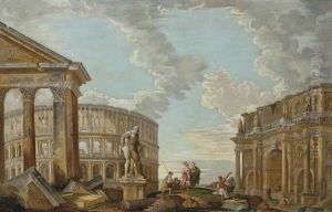 An Architectural Capriccio With The Arch Of The Argentarii, The Colosseum, The Farnese Hercules And The Arch Of Constantine