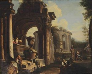 An Architectural Capriccio With Figures Amongst Classical Ruins by Giovanni Paolo Panini