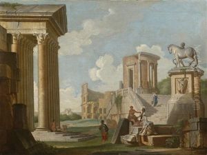 Architekturcapriccio Mit Dem Kolosseum Und Dem Vestatempel In Tivoli by Giovanni Paolo Panini