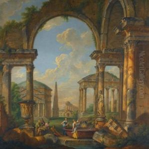 An Architecutral Capriccio With Figures At A Fountain, The Pantheon Beyond by Giovanni Paolo Panini