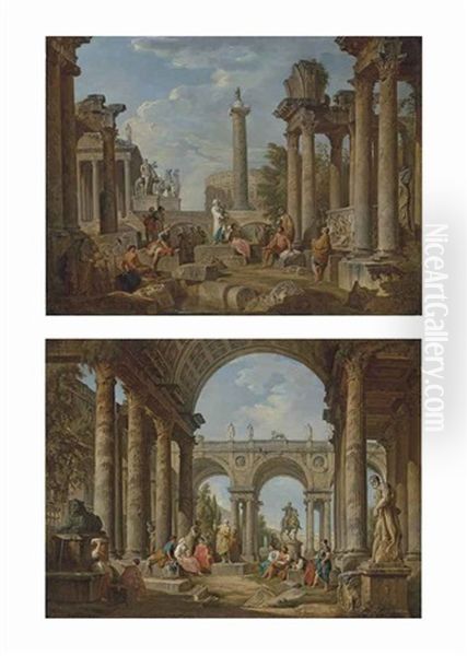 A Classical Capriccio With The Colosseum, Trajan's Column...(+ A Classical Capriccio With The Farnese Hercules...; Pair) - view 1