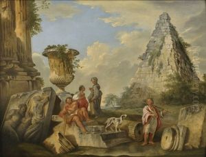 Predica Di Una Sibilla Con La Piramide Cestia E Il Vaso Medici, E Astanti by Giovanni Paolo Panini