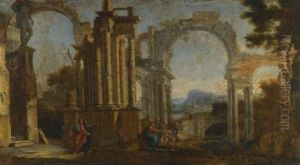 A Fluvial Architectural Capriccio With Christ On The Road To Emmaus; A Fluvial Architectural Capriccio With Christ Healing The Blind Man (pair) by Giovanni Paolo Panini