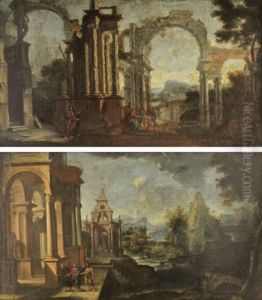 A Fluvial Architectural Capriccio With Christ On The Road To Emmaus (+ A Fluvial Architectural Capriccio With Christ Healing The Blind Man; Pair) by Giovanni Paolo Panini