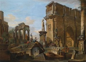 Capriccio Mit Romischen Ruinen Und Dem Konstantinsbogen by Giovanni Paolo Panini