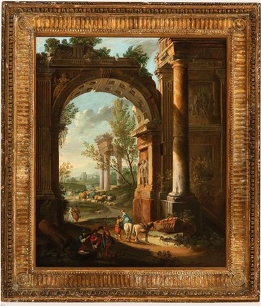 Figures With Animals By Classical Ruins In An Italianate Landscape - view 1