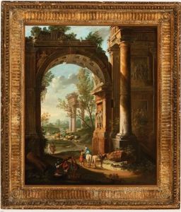 Figures With Animals By Classical Ruins In An Italianate Landscape by Giovanni Paolo Panini