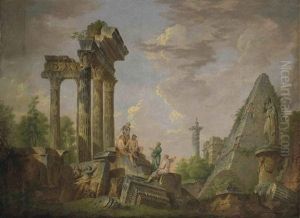Capriccio Of Classical Ruins With The Pyramid Of Caius Cestius, Trajan's Column And Other Roman Monuments by Giovanni Paolo Panini