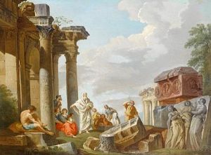 A Capriccio With Classical Figures Among Roman Ruins, Including Trajan's Column...(+ A Capriccio Of A Saint Preaching To Classical Figures...; Pair)