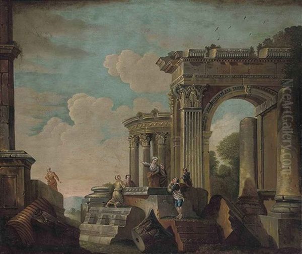 An Architectural Capriccio With Figures Conversing Amongst Classical Ruins - view 1