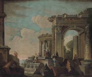 An Architectural Capriccio With Figures Conversing Amongst Classical Ruins by Giovanni Paolo Panini
