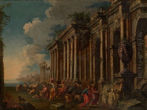 A Capriccio Of A Mediterranean Port With Figures And A Herd Of Goats In Front Of Classical Buildings - view 1