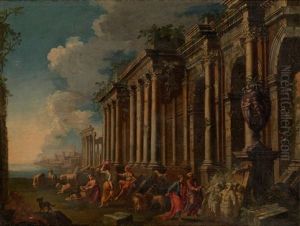 A Capriccio Of A Mediterranean Port With Figures And A Herd Of Goats In Front Of Classical Buildings