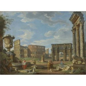 Capriccio Of Roman Monuments With The Colosseum And Arch Of Constantine by Giovanni Paolo Panini