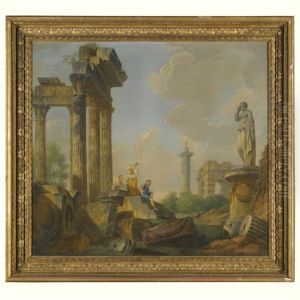 Figures Conversing Among Roman Ruins by Giovanni Paolo Panini