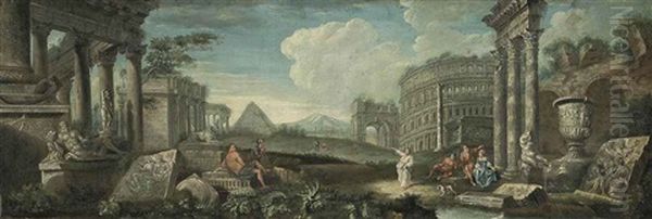 A Capriccio With Classical And Contemporary Figures Amidst Roman Ruins, Mountains Beyond - view 1