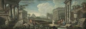A Capriccio With Classical And Contemporary Figures Amidst Roman Ruins, Mountains Beyond A Capriccio With Classical And Contemporary Figures Amidst Roman Ruins, Mountains Beyond
