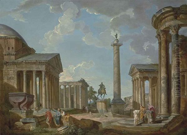 A Capriccio Of Roman Ruins With The Pantheon, The Temple Of Antonino And Faustina, The Statue Of Marco Aurelio, The Trajan Column, The Temple Of Fortuna Virilis, The Temple Of Vesta In Tivoli And Figures Conversing Amongst Architectural Fragments - view 1