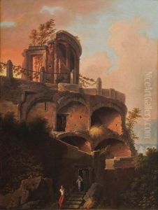 Figures By Classical Ruins In An Italianate Landscape by Giovanni Paolo Panini