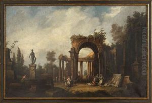An Architectural Capriccio With Figures Walking Among Ruins, A Merchant Selling Paintings And A Sculpted Classical Fountain In The Foreground