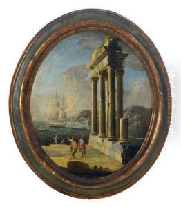 A Mediterranean Coastal Landscape With Figures By A Classical Ruin (+ Another; 2 Works) by Giovanni Paolo Panini