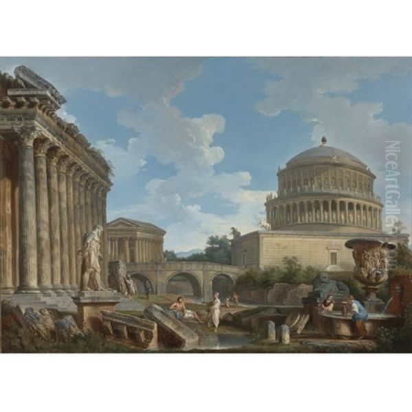 A Capriccio Of Hadrian's Mausoleum, The Temple Of Fortuna Virilis, The Milvian Bridge And The Basilica Of Antoninus With The Farnese Hercules, The Medici Vase, Washerwomen By A Fountain And Philosophers Among Architectural Fragements (collab. W/studio) - view 1