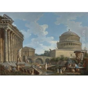 A Capriccio Of Hadrian's Mausoleum, The Temple Of Fortuna Virilis, The Milvian Bridge And The Basilica Of Antoninus With The Farnese Hercules, The Medici Vase, Washerwomen By A Fountain And Philosophers Among Architectural Fragements (collab. W/studio)
