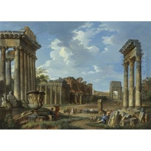 A View Of The Campo Vaccino With The Temple Of Jupiter Stator, The Arch Of Titus, The Colosseum, The Basilica Of Maxentius, The Temple Of Antoninus And Faustina And The Temple Of Concord With The Borghese Vase And Horsemen And Peasants By A Fountain by Giovanni Paolo Panini