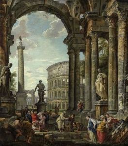 An Architectural Capriccio With The Philosopher Diogenes And Other Figures By A Fountain Beneath A Portico