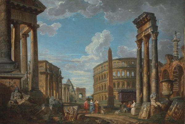 An Architectural Capriccio With Figures Among Roman Ruins - view 1