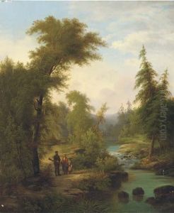A Family On A Riverbank In A Wooded Landscape by Josef Thomas