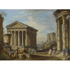 Capriccio Of Classical Ruins With The Maison Carree At Nimes, The Temple Of Vesta At Tivoli, The Pont Du Gard Near Nimes And The Borghese Vase by Giovanni Paolo Panini