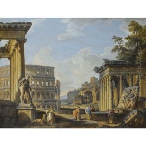 Capriccio Of Classical Ruins With The Temple Of Antonius And Faustina, The Colosseum, The Basilica Of Maxentius And The Temple Of Venus And Rome, A Man Admiring The Farnese Hercules While Others Converse With Washerwomen Near A Sculpted Relief Of A Sacrif by Giovanni Paolo Panini