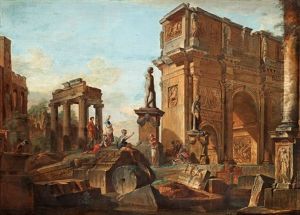 Capriccio Med Figurer Vid Romerska Ruiner Och Konstantinbagen by Giovanni Paolo Panini