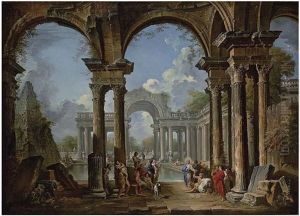 An Architectural Capriccio With Christ At The Pool Of Bethesda by Giovanni Paolo Panini