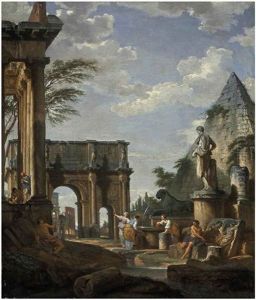 A Capriccio Of The Roman Forum, With The Arch Of Constantine, The Pyramid Of Cestius And The Colosseum Beyond, Figures By A Fountain In The Foreground by Giovanni Paolo Panini