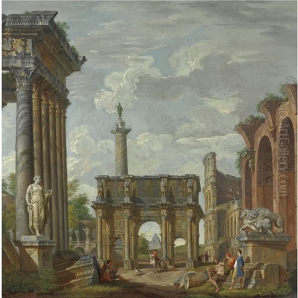 Capriccio Architettonico Con L'arco Di Costantino, Il Colosseo, La Basilica Di Massenzio, Il Tempio Di Antonino E Faustina, La Colonna Traiana E Il Ponte Sant'angelo - view 1