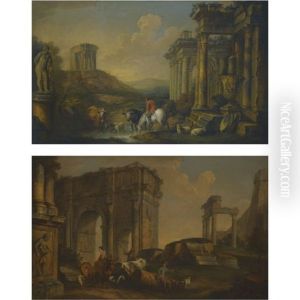 Capriccio View With Roman Ruins And Peasants Amongst Their Livestock (+ Another; Pair)