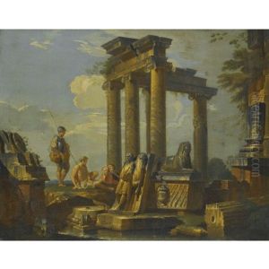 A Capriccio Of Classical Ruins, A Sarcophagus And A Temple With With A Soldier And Other Reclining Figures