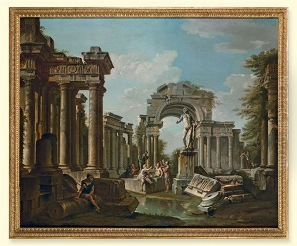 A Capriccio Of Roman Ruins With Villagers And A Statue Of Apollo - view 1