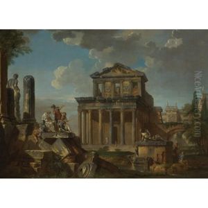Capriccio With The Temple Of The Divine Antoninus Pius And Faustina by Giovanni Paolo Panini