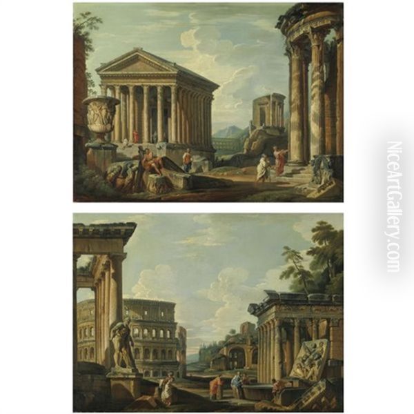 An Architectural Capriccio With Roman Ruins, The Temple Of Antoninus And Faustina, The Colosseum, The Basilica Of Maxentius And The Temple Of Venus (+ An Architectural Capriccio With Roman Ruins, The Temple Of Vesta, The Maison Carree At Nimes, T - view 1